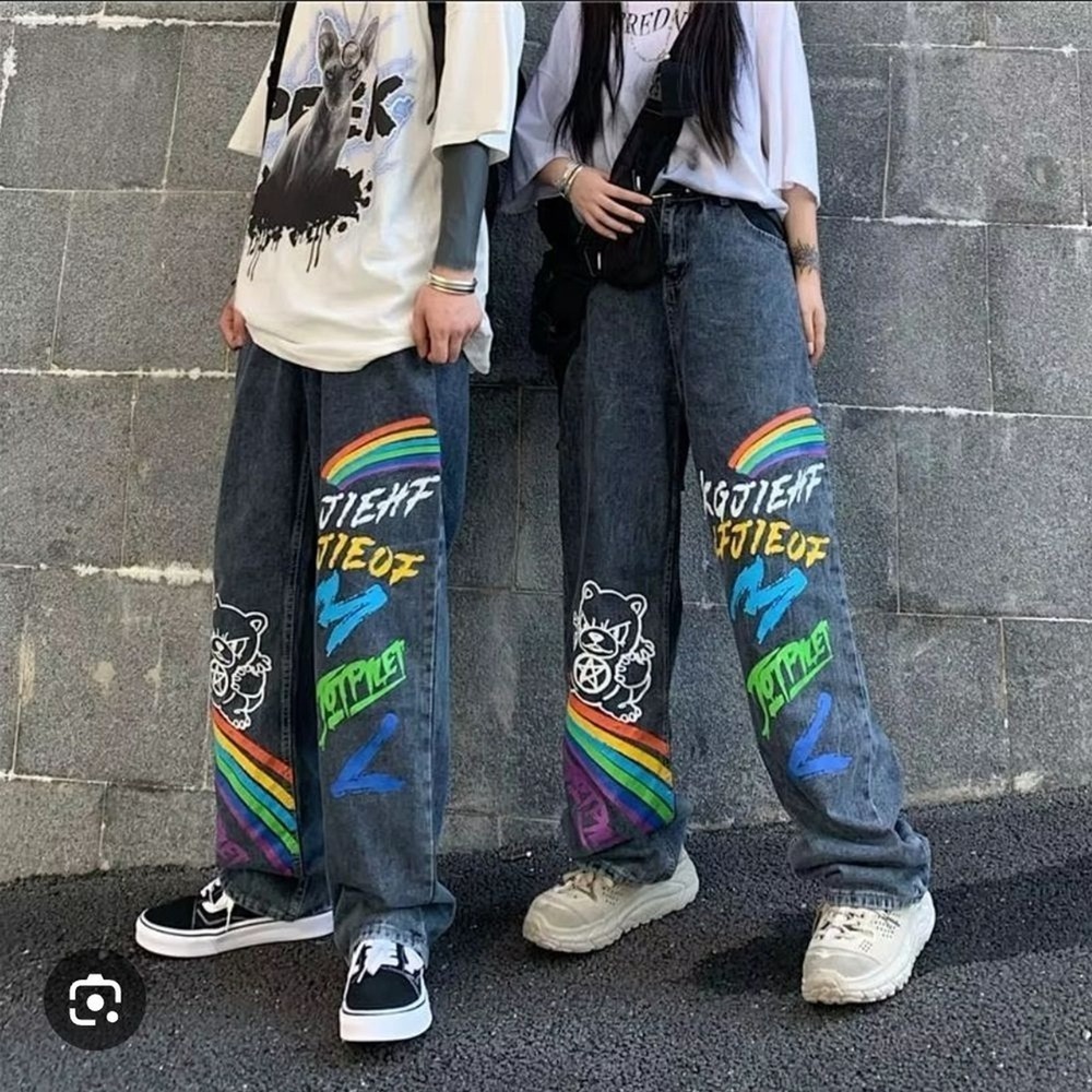 Graphic Jeans Unisex Medium Gray Rainbow Streetwear Harajuku Aesthetic Baggy